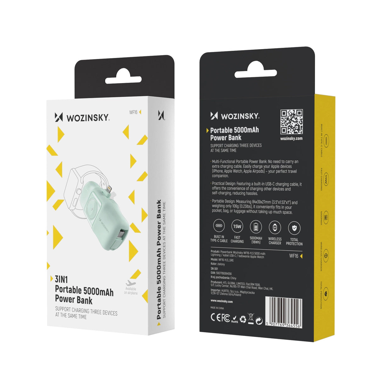Wozinsky WF16-YLS 5000mAh 15W Lightning Mini Power Bank med indbygget USB-C-kabel og Apple Watch-oplader - Grøn