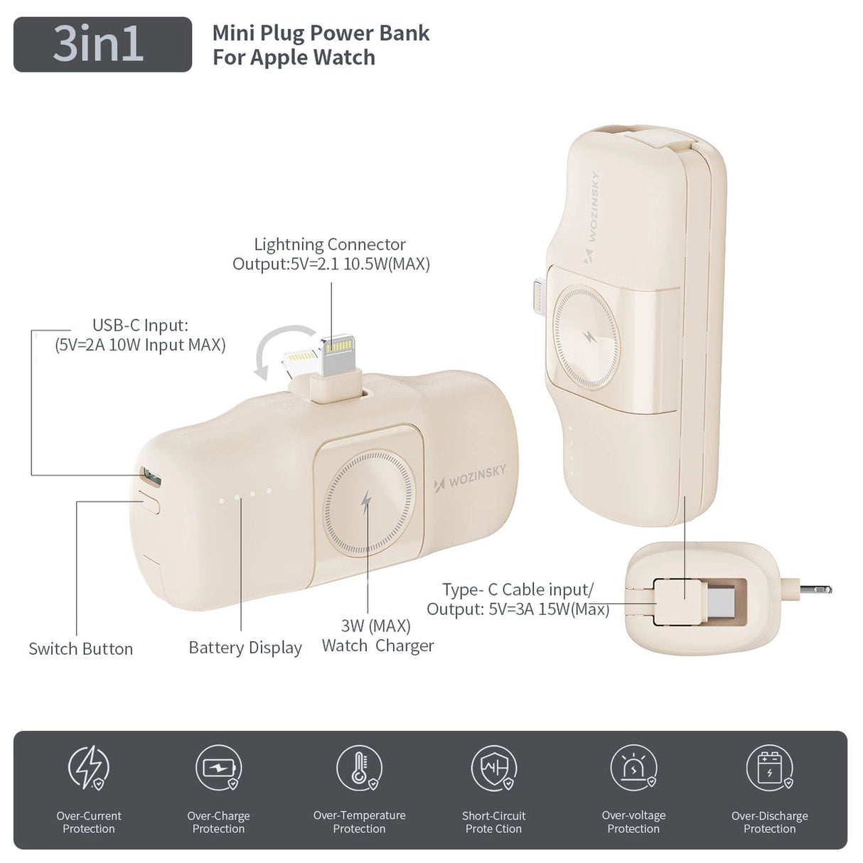 Wozinsky WF16-YLS 5000mAh 15W Lightning Mini Power Bank med indbygget USB-C-kabel og Apple Watch-oplader - Beige