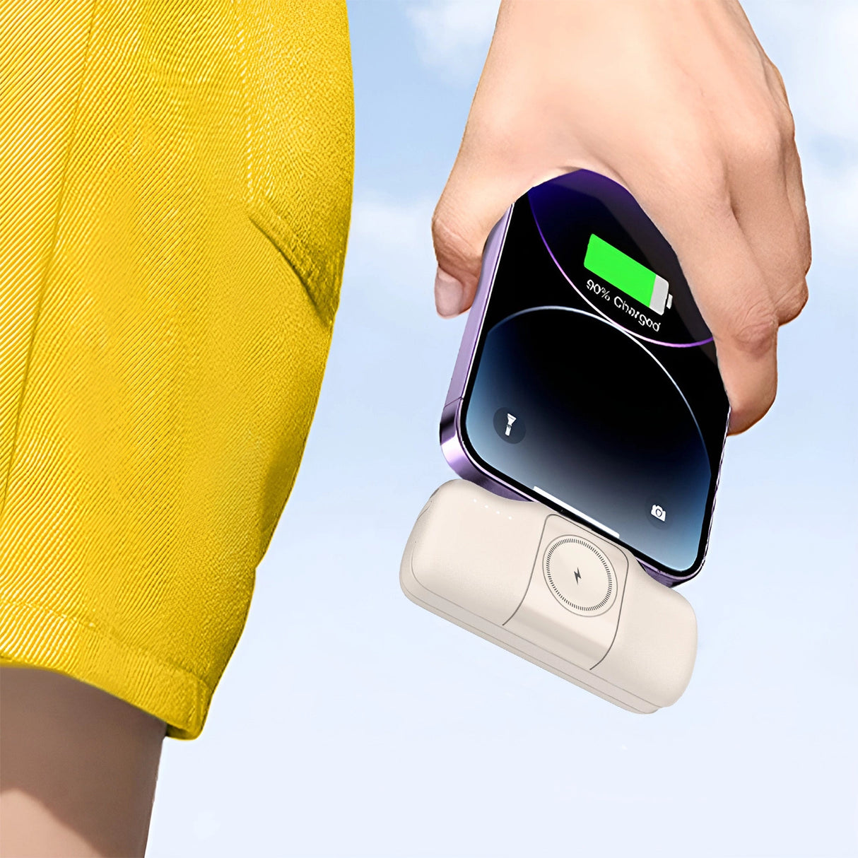 Wozinsky WF16-YLS 5000mAh 15W Lightning Mini Power Bank med indbygget USB-C-kabel og Apple Watch-oplader - Beige