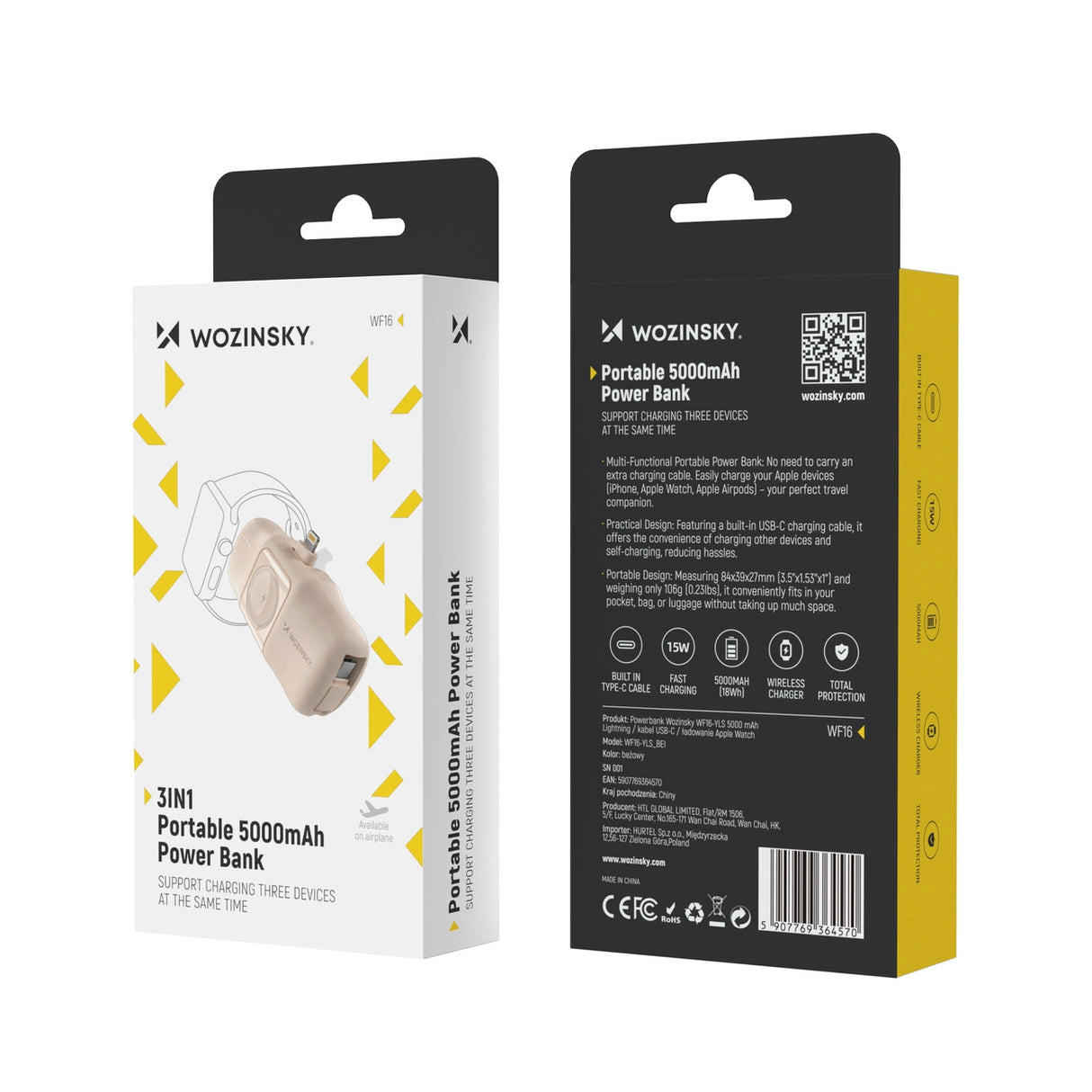 Wozinsky WF16-YLS 5000mAh 15W Lightning Mini Power Bank med indbygget USB-C-kabel og Apple Watch-oplader - Beige