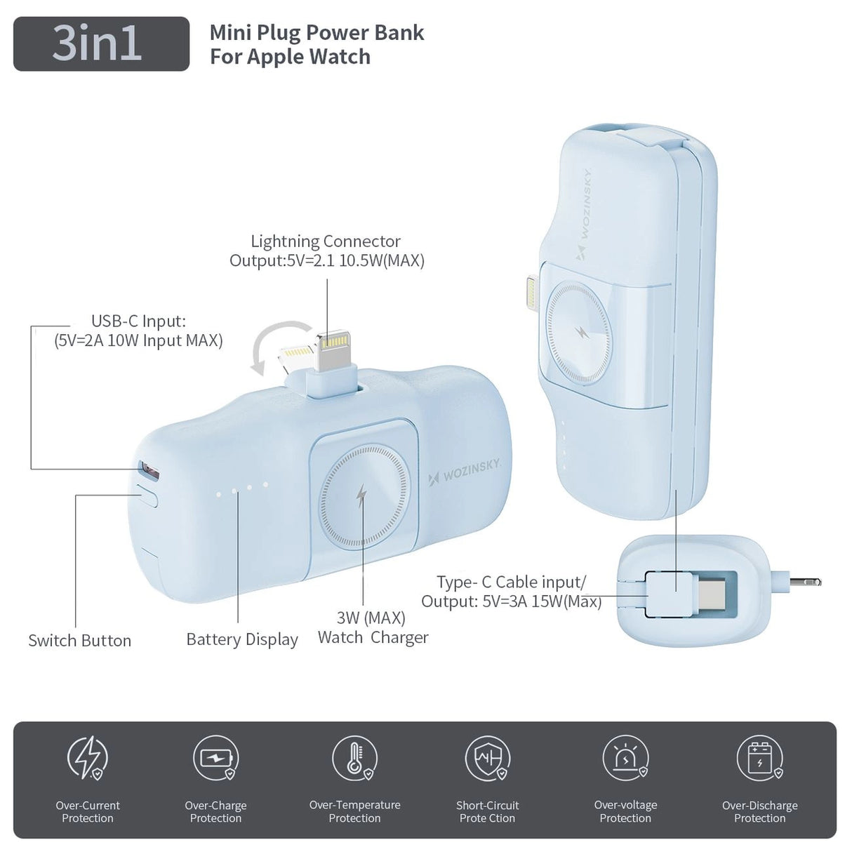 Wozinsky WF16-YLS 5000mAh 15W Lightning Mini Power Bank med indbygget USB-C-kabel og Apple Watch-oplader - Blå