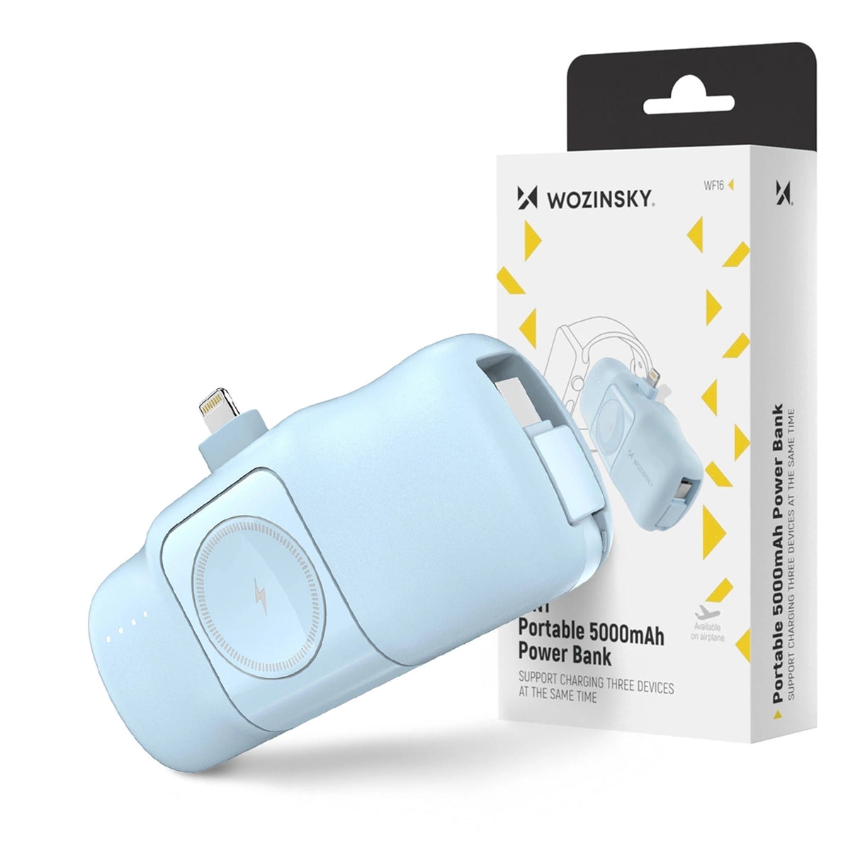 Wozinsky WF16-YLS 5000mAh 15W Lightning Mini Power Bank med indbygget USB-C-kabel og Apple Watch-oplader - Blå