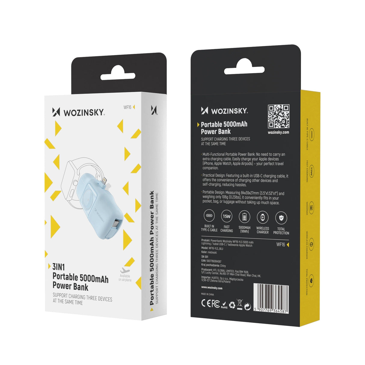 Wozinsky WF16-YLS 5000mAh 15W Lightning Mini Power Bank med indbygget USB-C-kabel og Apple Watch-oplader - Blå