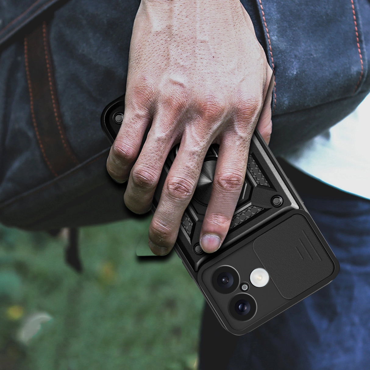 Hybrid Armor Camshield iPhone 16 Armored Case med Camera Cover og Stand - sort