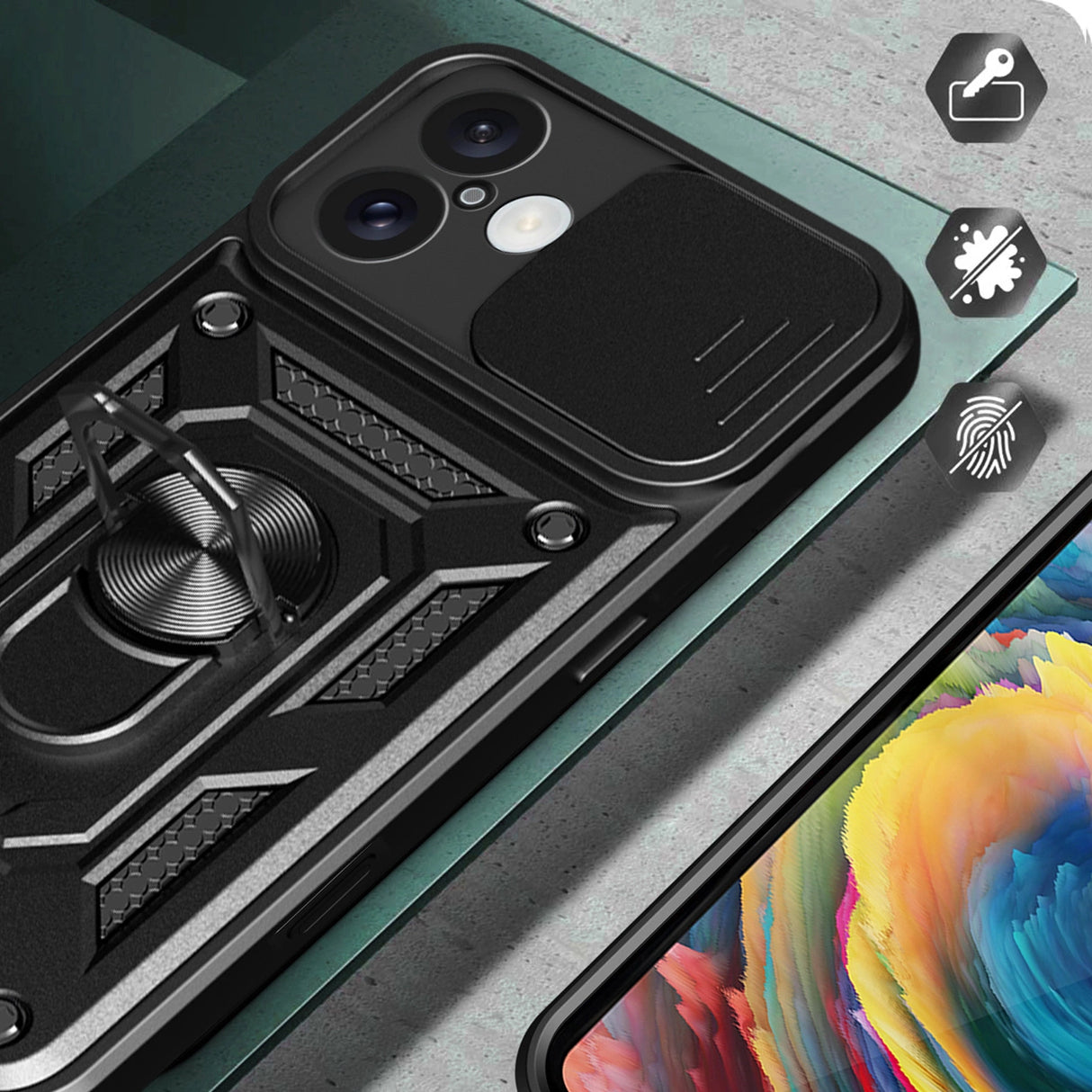 Hybrid Armor Camshield iPhone 16 Armored Case med Camera Cover og Stand - sort