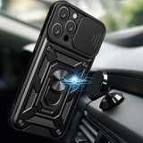Hybrid Armor Camshield iPhone 16 Pro Max Armored Case med Camera Cover og Stand - sort