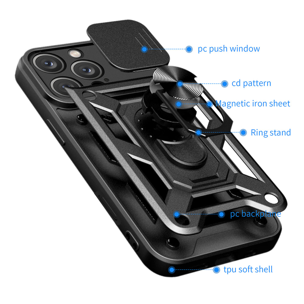 Hybrid Armor Camshield iPhone 16 Pro Max Armored Case med Camera Cover og Stand - sort