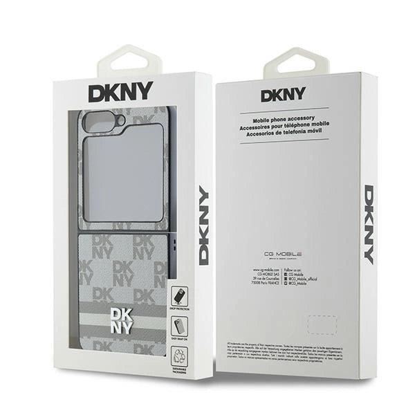 DKNY-kasse med rækformet mønster med trykte striber til Samsung Galaxy Z Flip 6 - beige