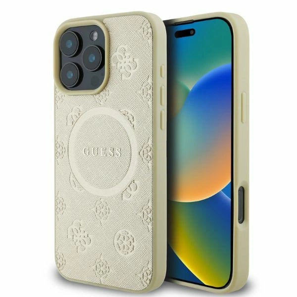 Guess Saffiano Peony Classic Logo MagSafe-hylster til iPhone 16 Pro - guld