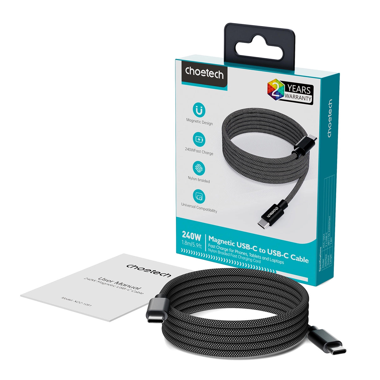 Choetech XCC-1052 100W USB-C Magnetisk Kabel 1,2 m - sort