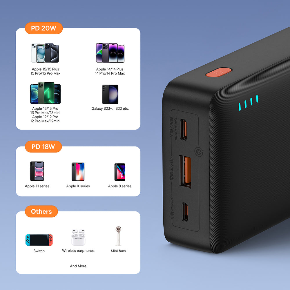 Baseus Airpow 20W 20000mAh Power Bank med Baseus Simple Series USB-A - USB-C 50 cm kabel - sort