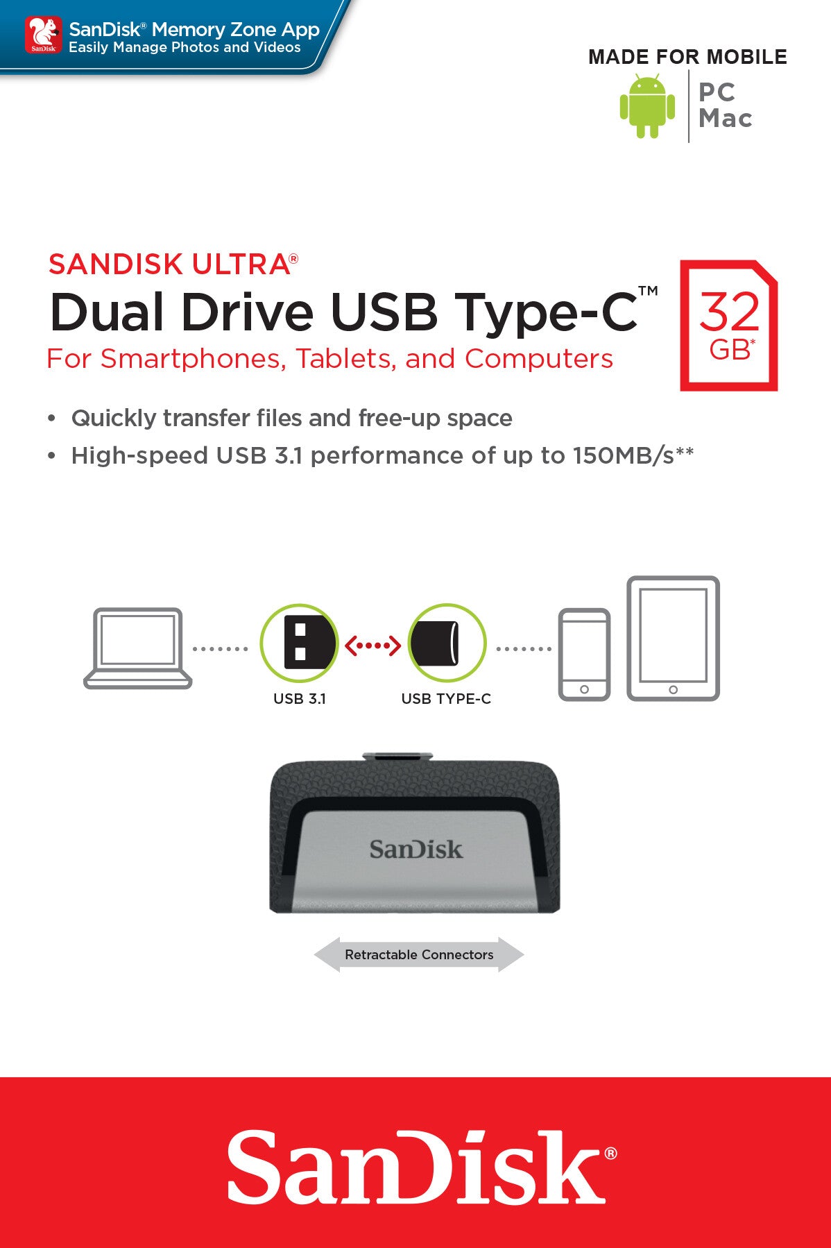 SanDisk Ultra Dual Drive USB Type-C USB-nøgle 32 GB USB Type-A / USB Type-C 3.2 Gen 1 (3.1 Gen 1) Sort, Sølv