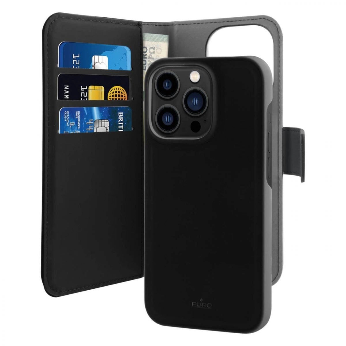 Puro Wallet Fjernbar MagSafe 2in1 PU læderkasse med klap og tegnebog til iPhone 14 Pro Max - sort