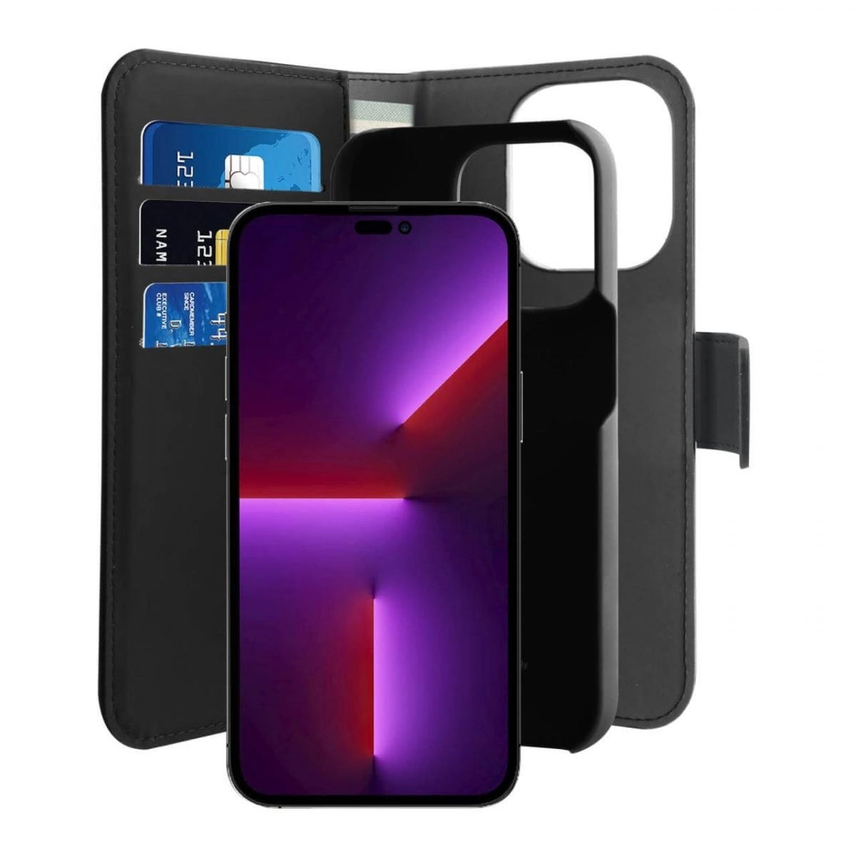 Puro Wallet Fjernbar MagSafe 2in1 PU læderkasse med klap og tegnebog til iPhone 14 Pro Max - sort