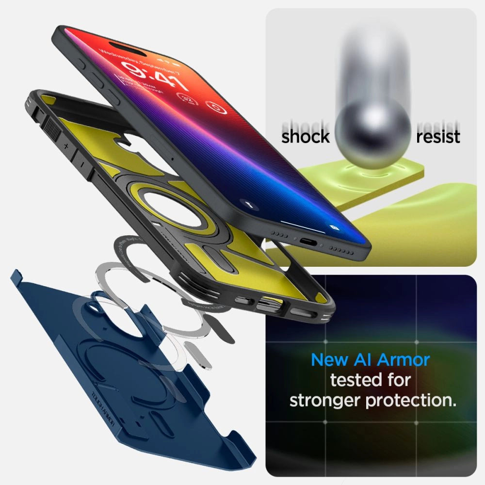 Spigen Tough Armor MagSafe-hylster med stand til iPhone 16 - blå