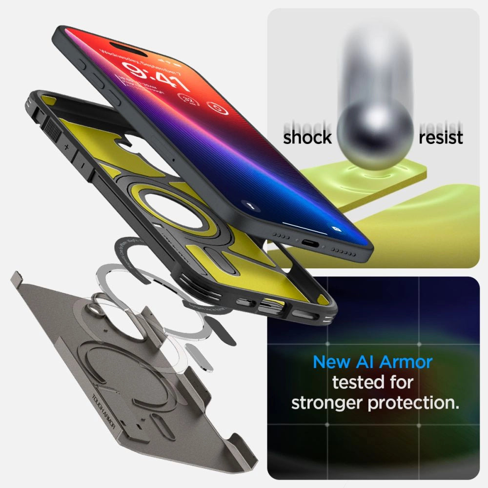 Spigen Tough Armor MagSafe case med stand til iPhone 16 - gunmetal