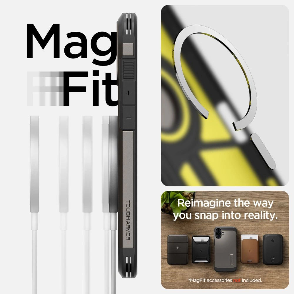Spigen Tough Armor MagSafe case med stand til iPhone 16 - gunmetal