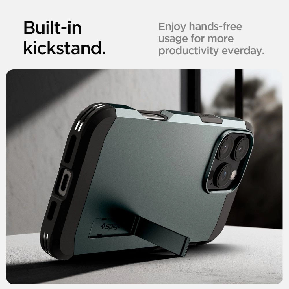 Spigen Tough Armor MagSafe Case med Stativ til iPhone 16 Pro - Grøn