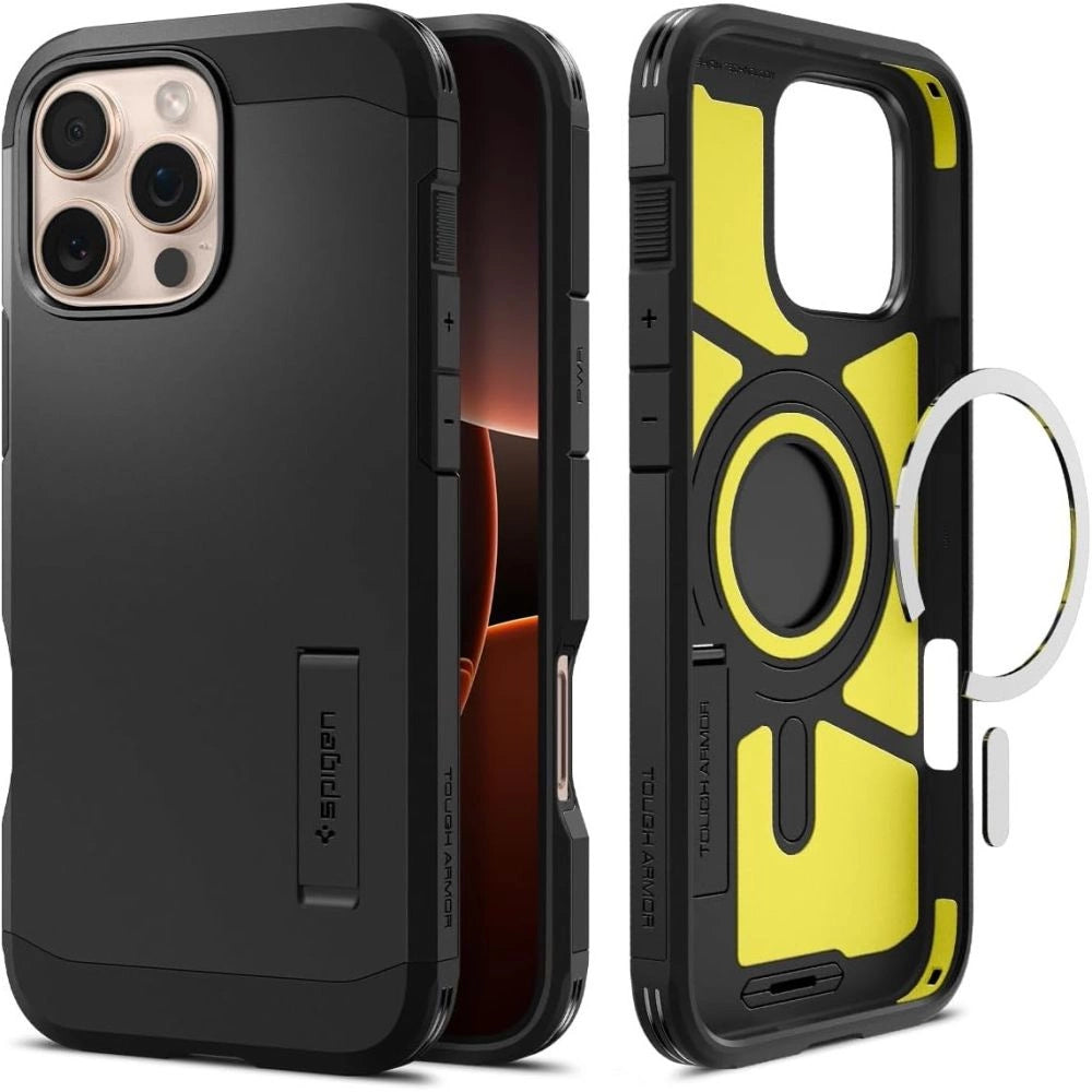Spigen Tough Armor MagSafe Case med Stativ til iPhone 16 Pro - sort