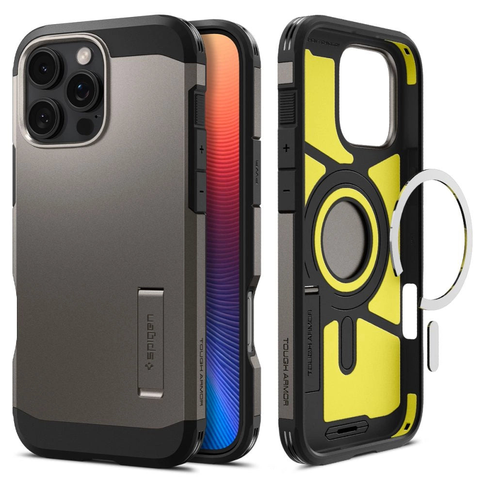 Spigen Tough Armor MagSafe-hylster med stativ til iPhone 16 Pro - gunmetal