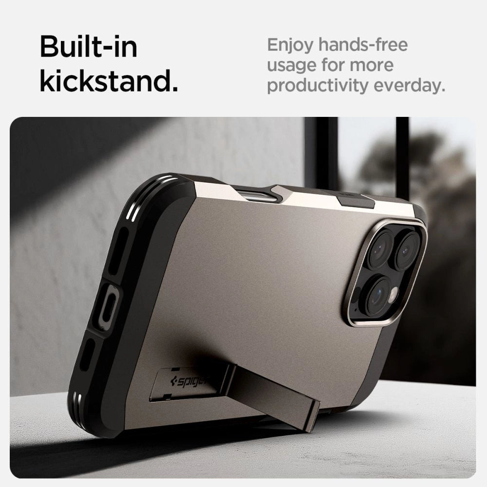 Spigen Tough Armor MagSafe-hylster med stativ til iPhone 16 Pro - gunmetal