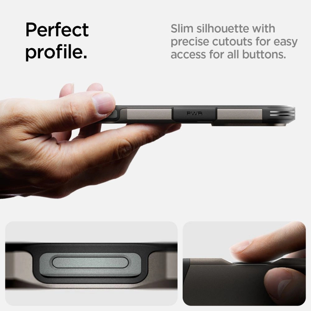 Spigen Tough Armor MagSafe-hylster med stativ til iPhone 16 Pro - gunmetal