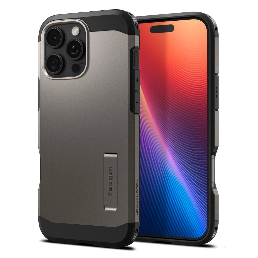 Spigen Tough Armor MagSafe-hylster med stativ til iPhone 16 Pro - gunmetal