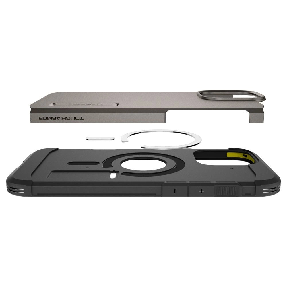 Spigen Tough Armor MagSafe-hylster med stativ til iPhone 16 Pro - gunmetal