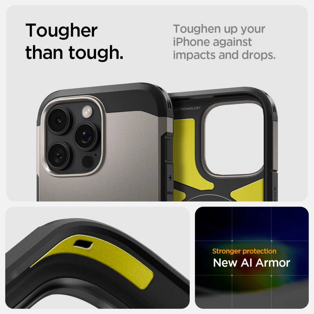 Spigen Tough Armor MagSafe-hylster med stativ til iPhone 16 Pro - gunmetal