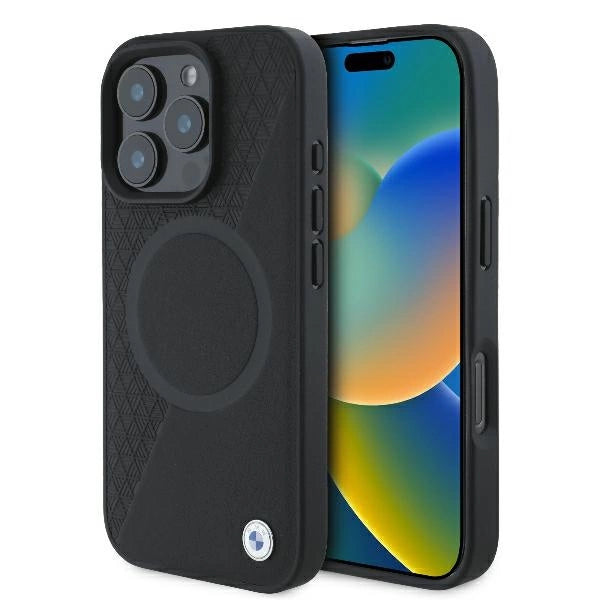 BMW Signature læder halvt tekstureret & Circle MagSafe-kasse til iPhone 16 Pro - sort