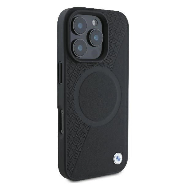 BMW Signature læder halvt tekstureret & Circle MagSafe-kasse til iPhone 16 Pro - sort