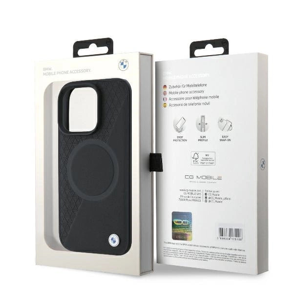 BMW Signature læder halvt tekstureret & Circle MagSafe-kasse til iPhone 16 Pro - sort