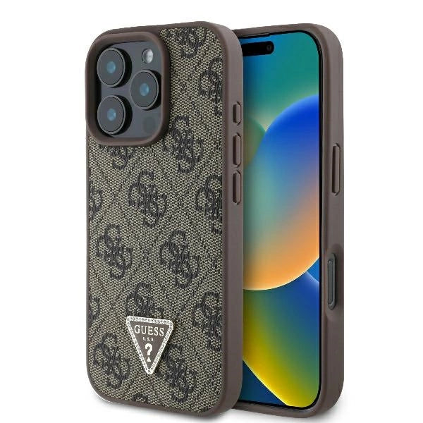 Guess læder 4G Triangle Strass MagSafe Case til iPhone 16 Pro - Brown