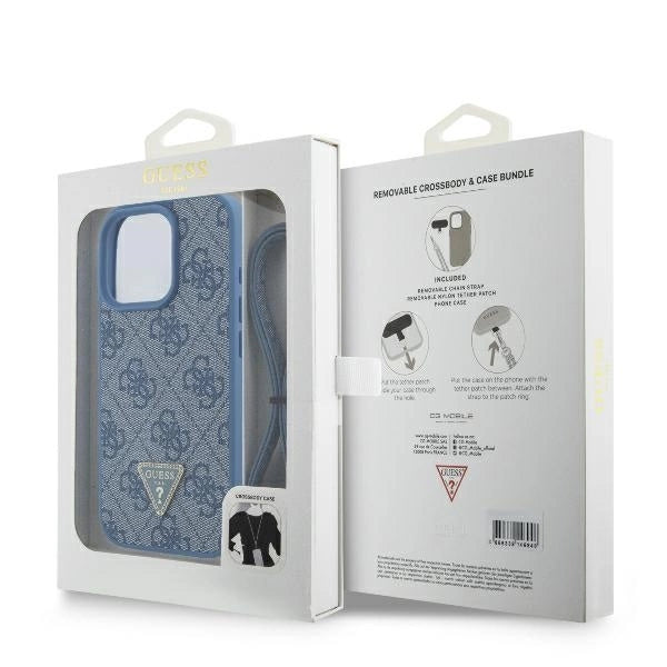 Guess læder Metal Logo Strass Crossbody Case til iPhone 16 Pro - Blå