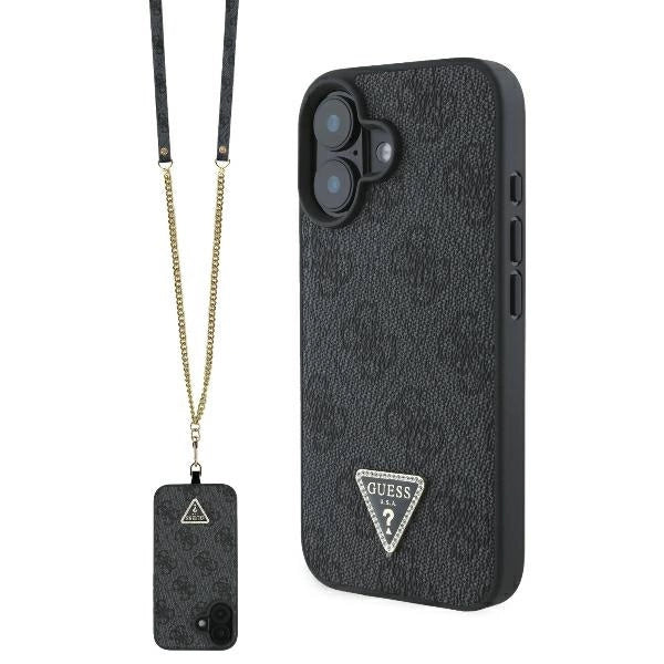Guess læder metal logo Strass Crossbody Case til iPhone 16 - sort