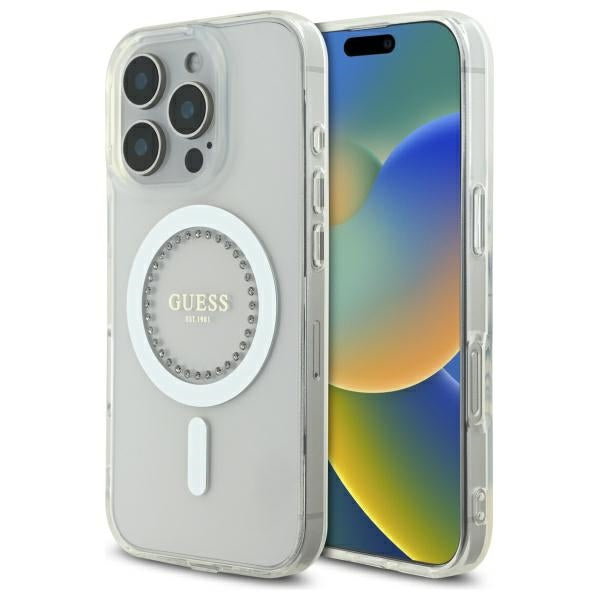 Guess IML Rhinestones MagSafe Case til iPhone 16 Pro - hvid