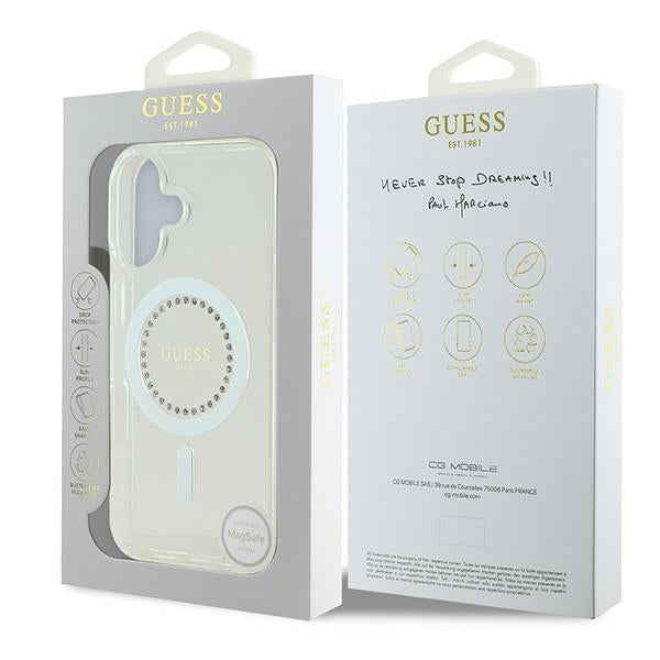 Guess IML Rhinestones MagSafe Case til iPhone 16 Plus - hvid