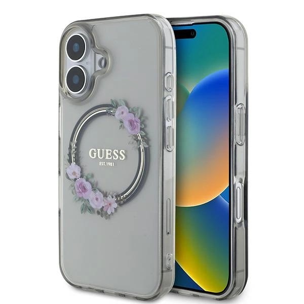 Guess IML Flowers Wreath MagSafe-hylster til iPhone 16 - sort