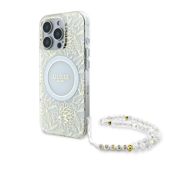 Guess IML Flowers Allover Electro med Perle Strap MagSafe-foder for iPhone 16 Pro - hvid