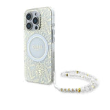 Guess IML Flowers Allover Electro med Perle Strap MagSafe-foder for iPhone 16 Pro - hvid