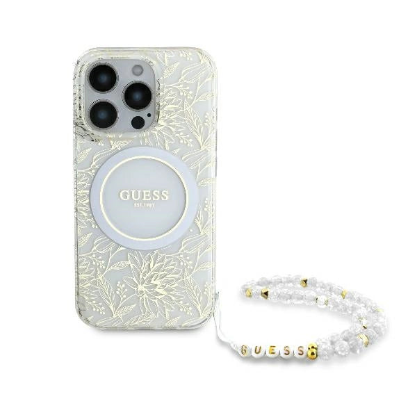 Guess IML Flowers Allover Electro med Perle Strap MagSafe-foder for iPhone 16 Pro - hvid