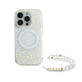 Guess IML Flowers Allover Electro med Perle Strap MagSafe-foder for iPhone 16 Pro - hvid