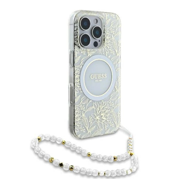 Guess IML Flowers Allover Electro med Perle Strap MagSafe-foder for iPhone 16 Pro - hvid