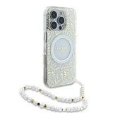 Guess IML Flowers Allover Electro med Perle Strap MagSafe-foder for iPhone 16 Pro - hvid