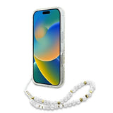 Guess IML Flowers Allover Electro med Perle Strap MagSafe-foder for iPhone 16 Pro - hvid