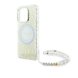 Guess IML Flowers Allover Electro med Perle Strap MagSafe-foder for iPhone 16 Pro - hvid