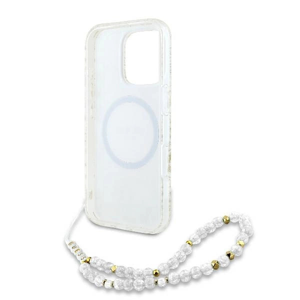 Guess IML Flowers Allover Electro med Perle Strap MagSafe-foder for iPhone 16 Pro - hvid