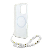 Guess IML Flowers Allover Electro med Perle Strap MagSafe-foder for iPhone 16 Pro - hvid