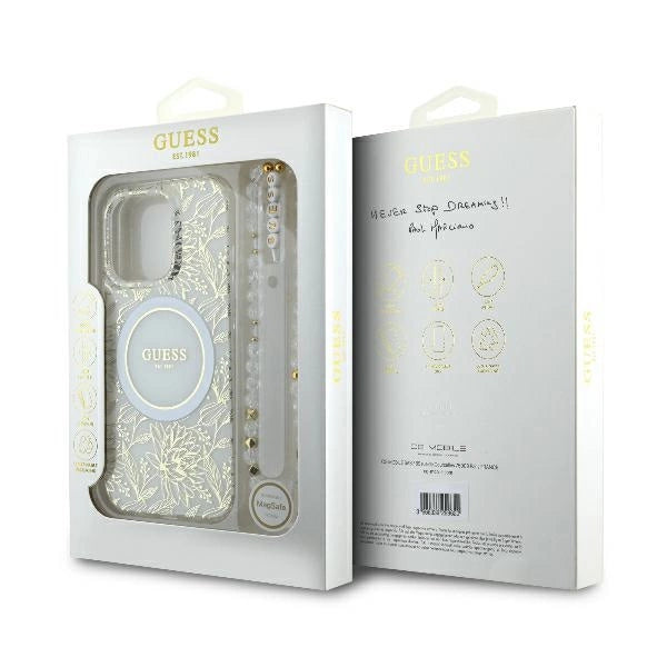 Guess IML Flowers Allover Electro med Perle Strap MagSafe-foder for iPhone 16 Pro - hvid