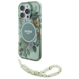 Guess IML Flowers With Pearl Strap MagSafe-foder for iPhone 16 Pro - grøn